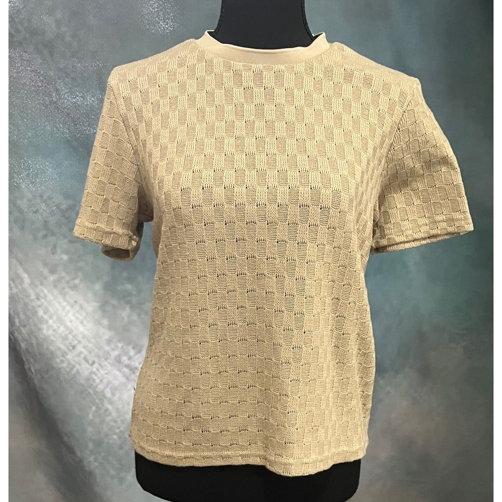 Hudson & Barrow Womens Beige Textured Grid Knit Short Sleeve Crew Neck Top Small